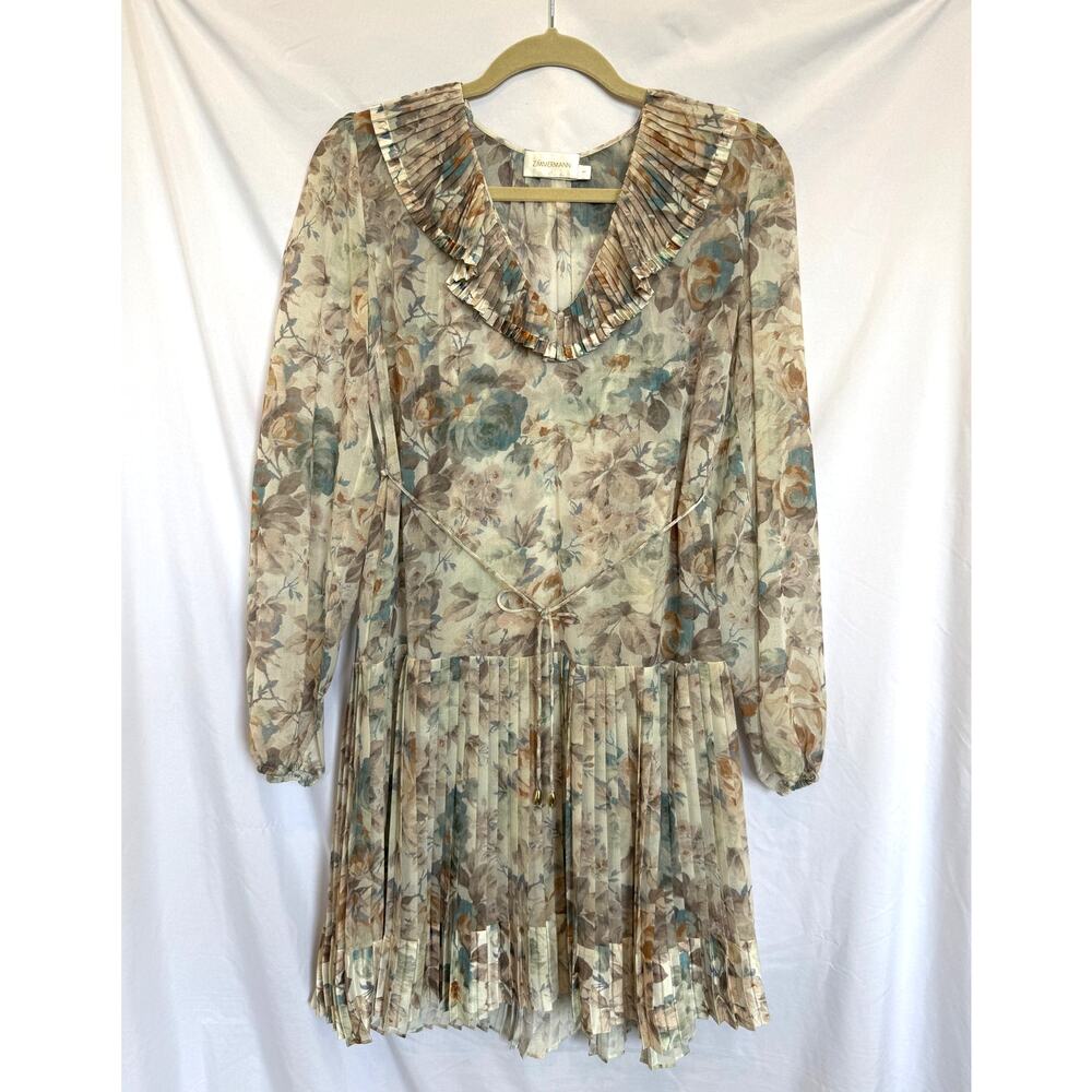 Zimmermann Beige Blue Floral Pleat Ruffle Mini Dress, Size 1, US  6